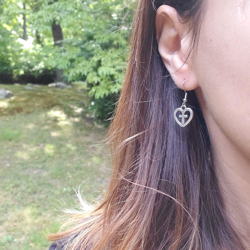 New Handmade Dainty Silver Cross Heart Earrings - Picture 7 of 15